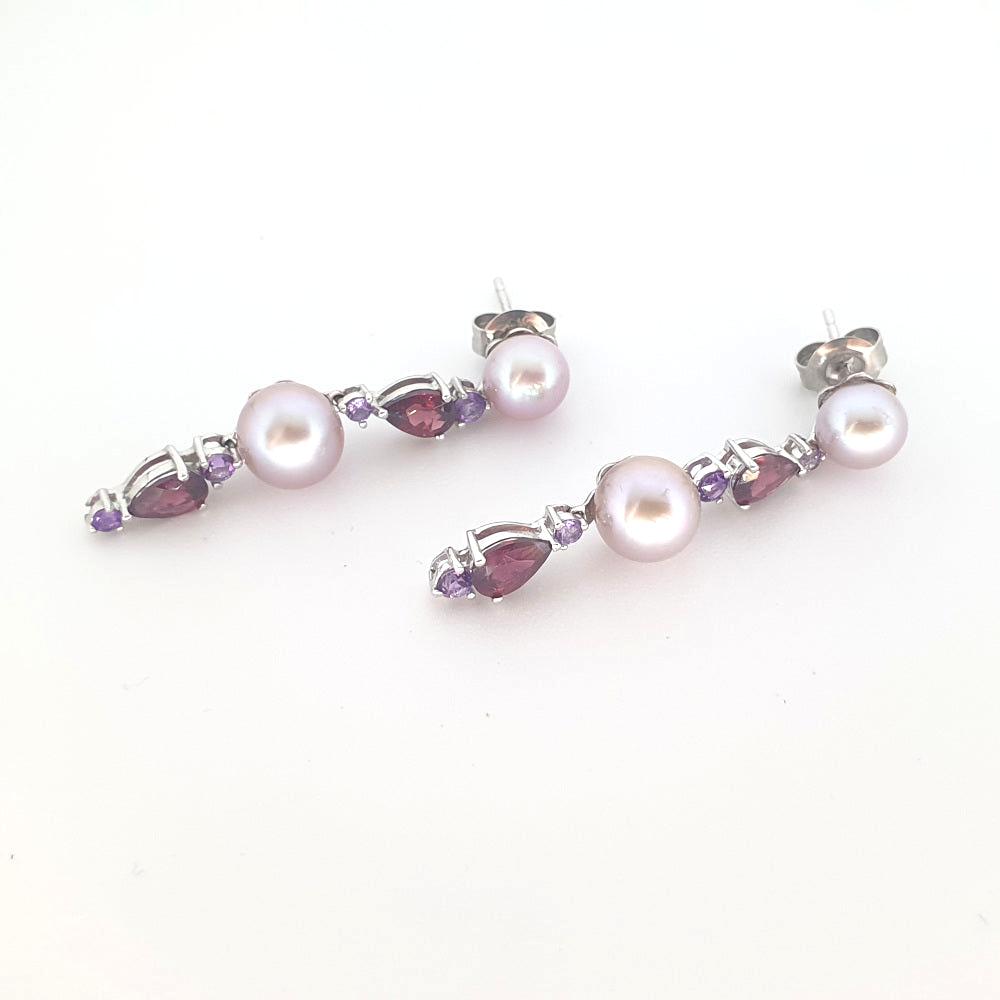 9ct White Gold, Rhodalite, And Pearl Earrings