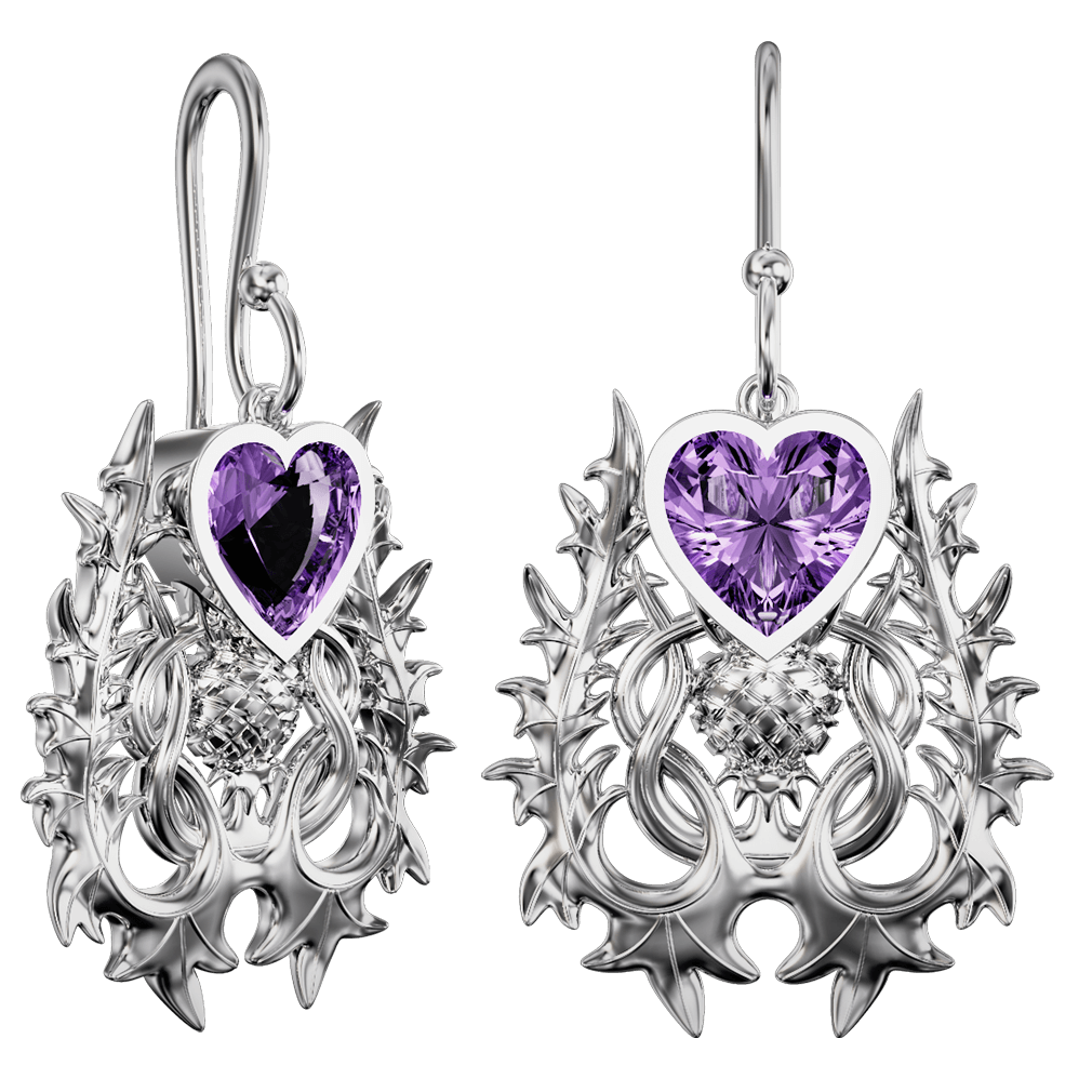 Sterling Silver Scottish Thistle Drop Earrings with Amethyst - 5364