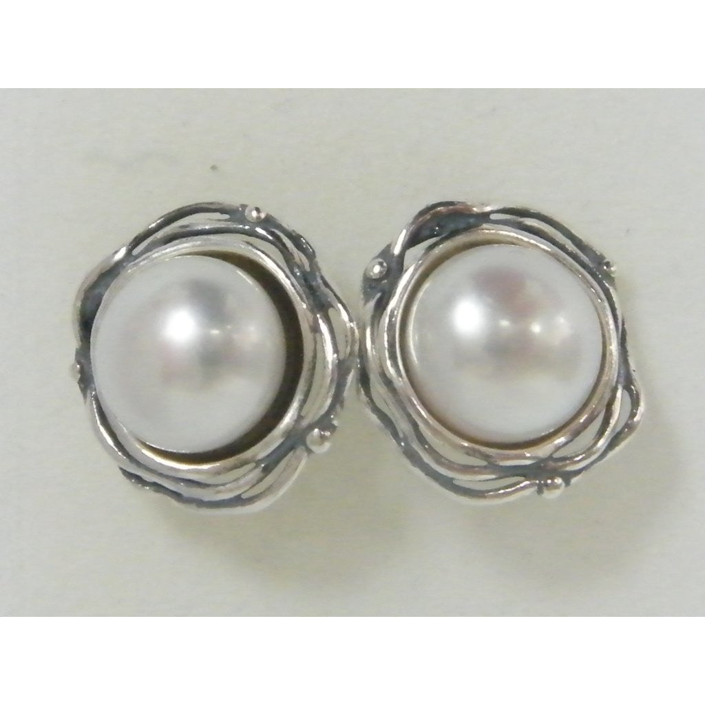 Shablool Designer Silver and Pearl Stud Earrings - E02141