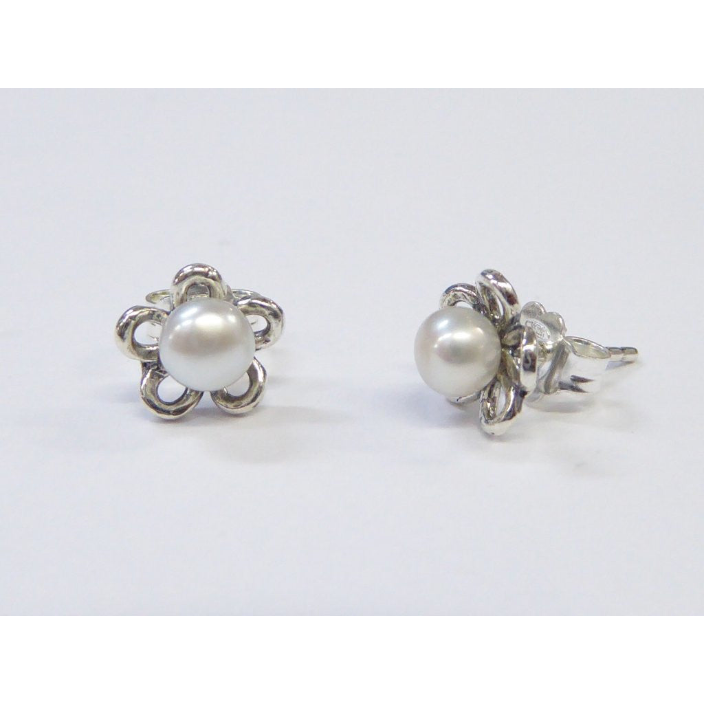 Shablool Designer Silver and Pearl Stud Earrings - E03354