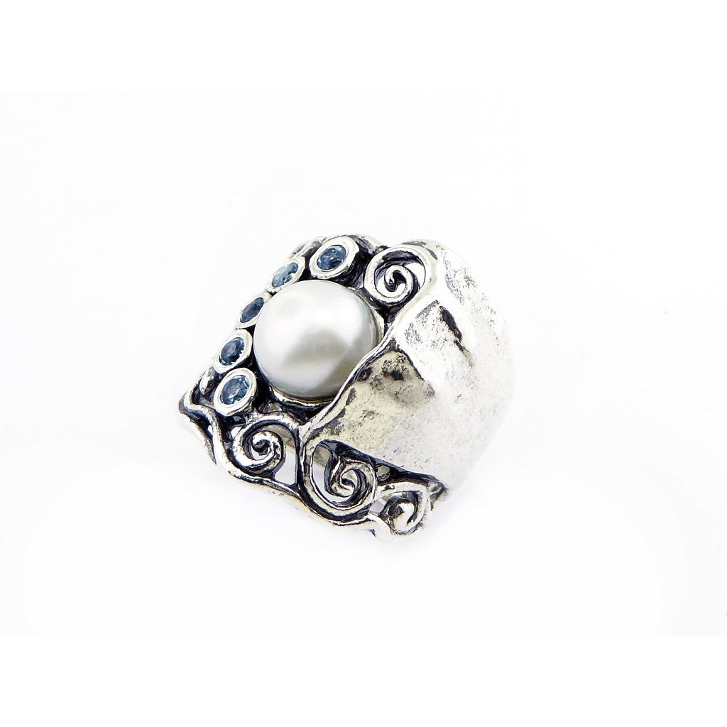 Shablool Designer Silver, Blue Topaz and Pearl Ring - R02760