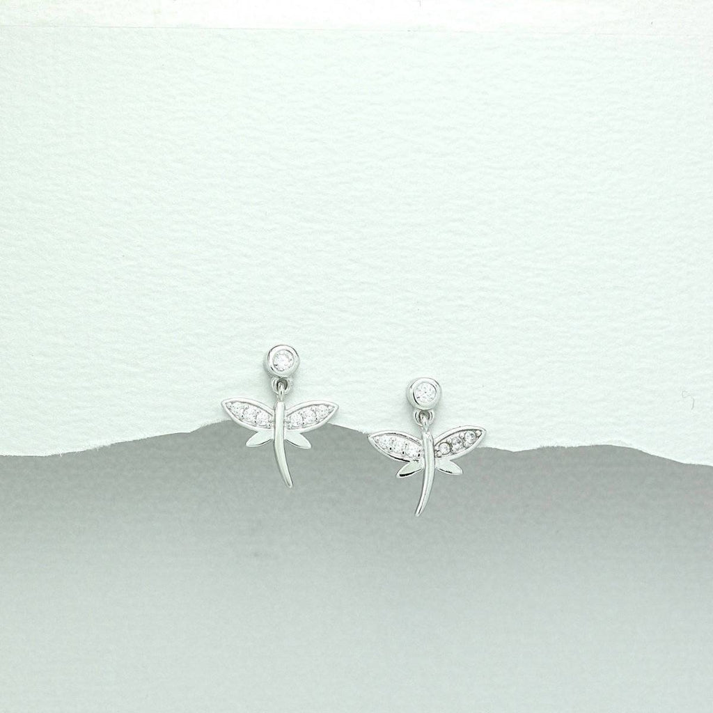 Children's Sterling Silver Drop Cubic Zirconium Dragonfly Earrings-Ogham Jewellery