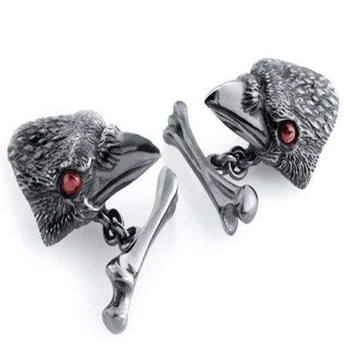 Crow with Garnet Eyes Silver Cufflinks-Ogham Jewellery