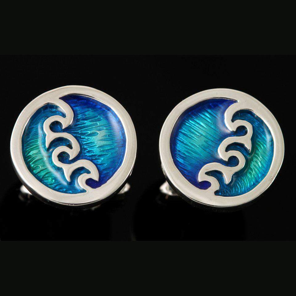 Shetland Silver And Enamel Seascape Round Wave Cufflinks - SSC11-Ogham Jewellery