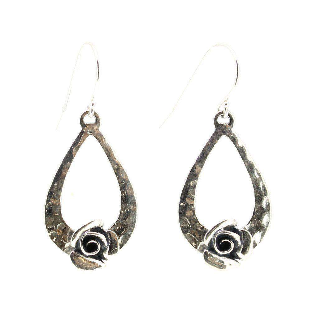Textured Sterling Silver Drop Rose Earrings -E4221-Ogham Jewellery