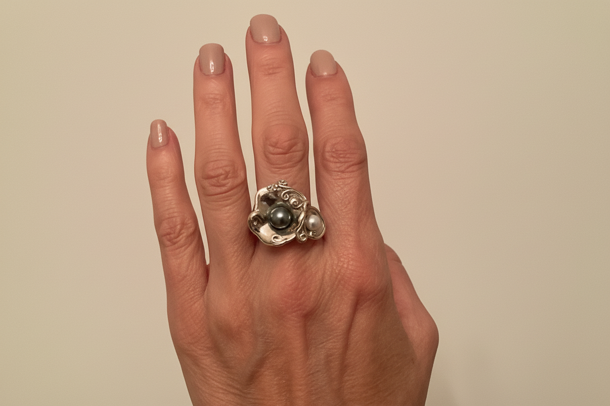 Sterling Silver Pearl & Diamond Ring-DG560