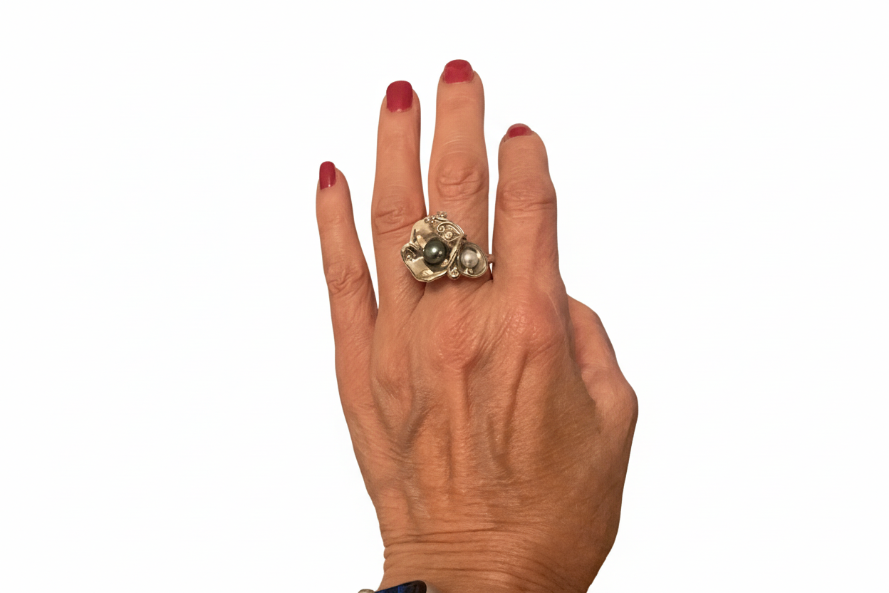 Sterling Silver Pearl & Diamond Ring-DG560