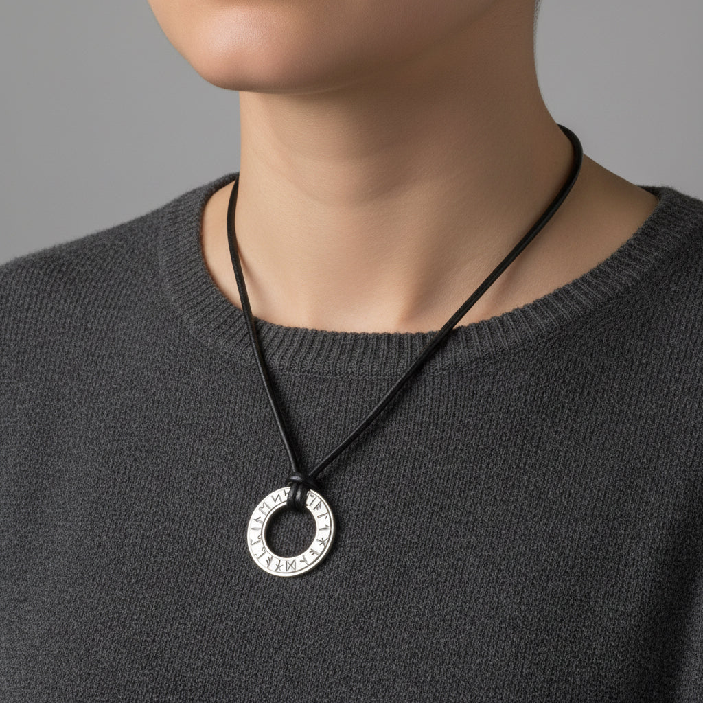 Runic Silver and Leather Pendant - 12032 Aurora