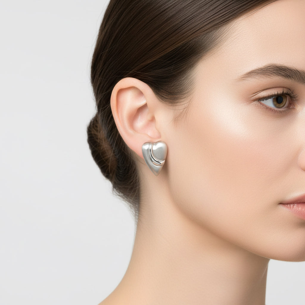 Silver Pebble Heart Stud Earrings 1.2 cm x.8 cm- 14145 Aurora