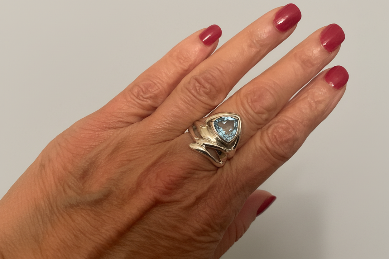 Sterling Silver And Magnificent Triangular Blue Topaz Hagit Gorali  Ring-M886