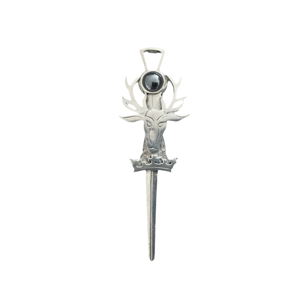 Stag with Crown and Hematite Stone Pewter Kilt Pin