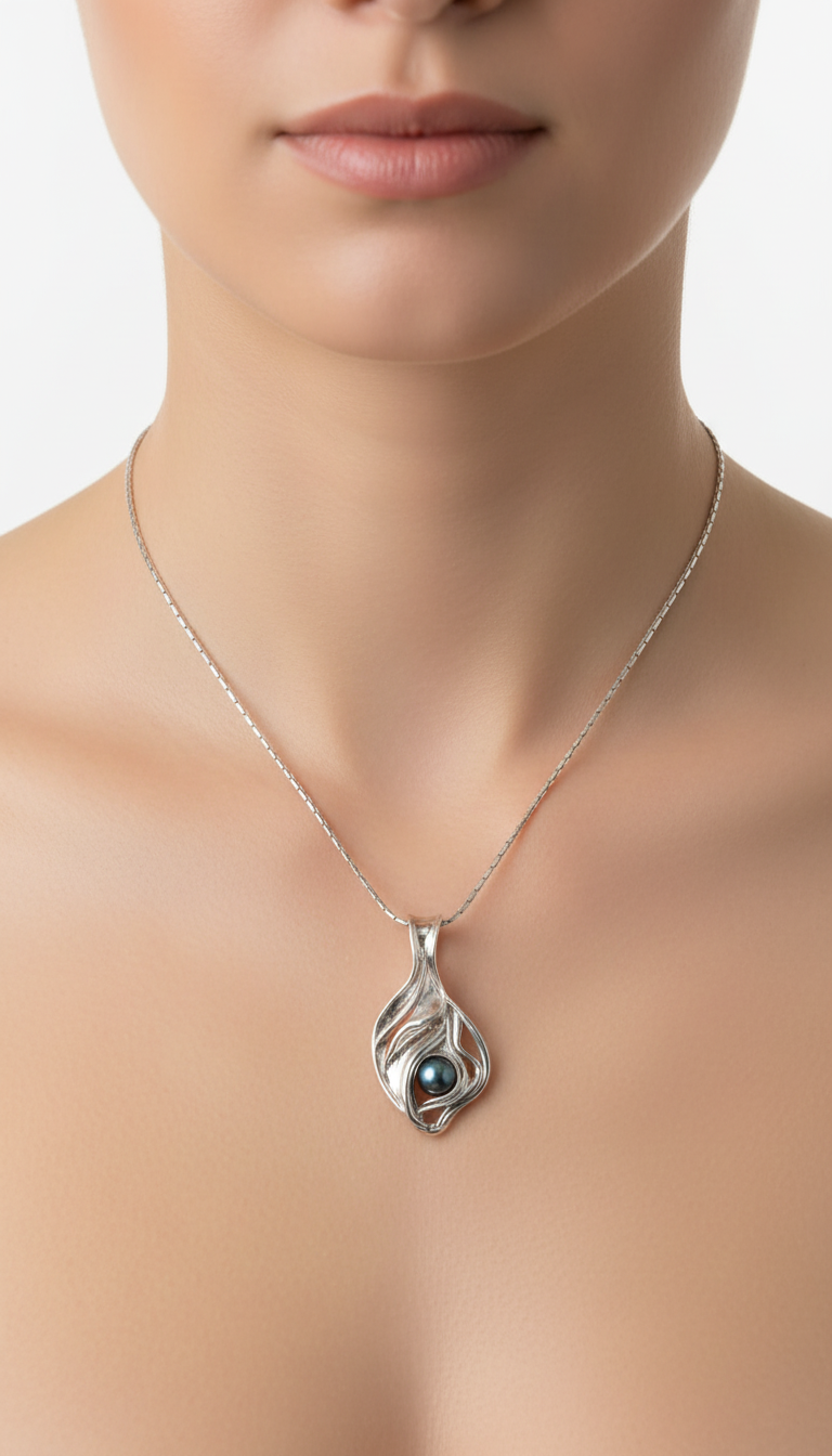 Silver Pearl Pendant on an unusual  Silver Wire- Hagit Gorali