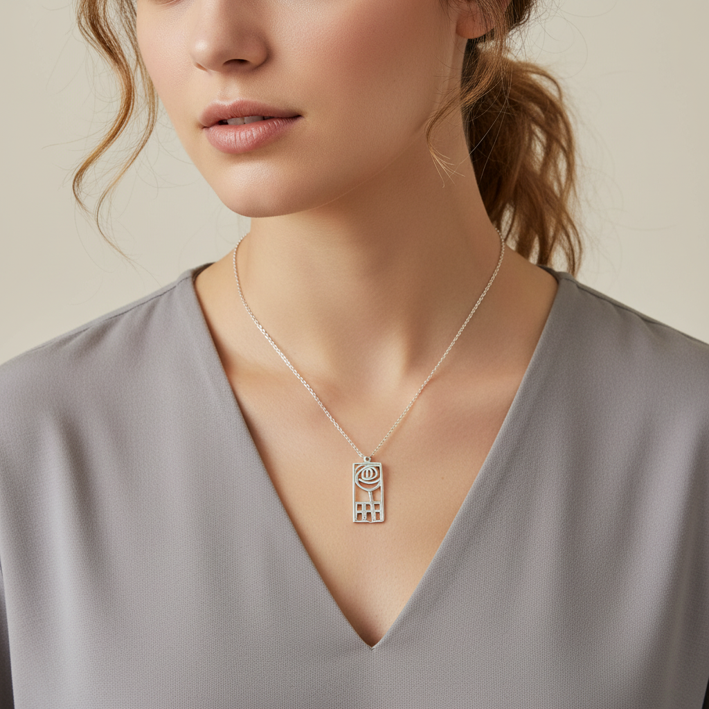 Sea Gems Sterling Silver Rectangle Mackintosh Rose Pendant  - 6003