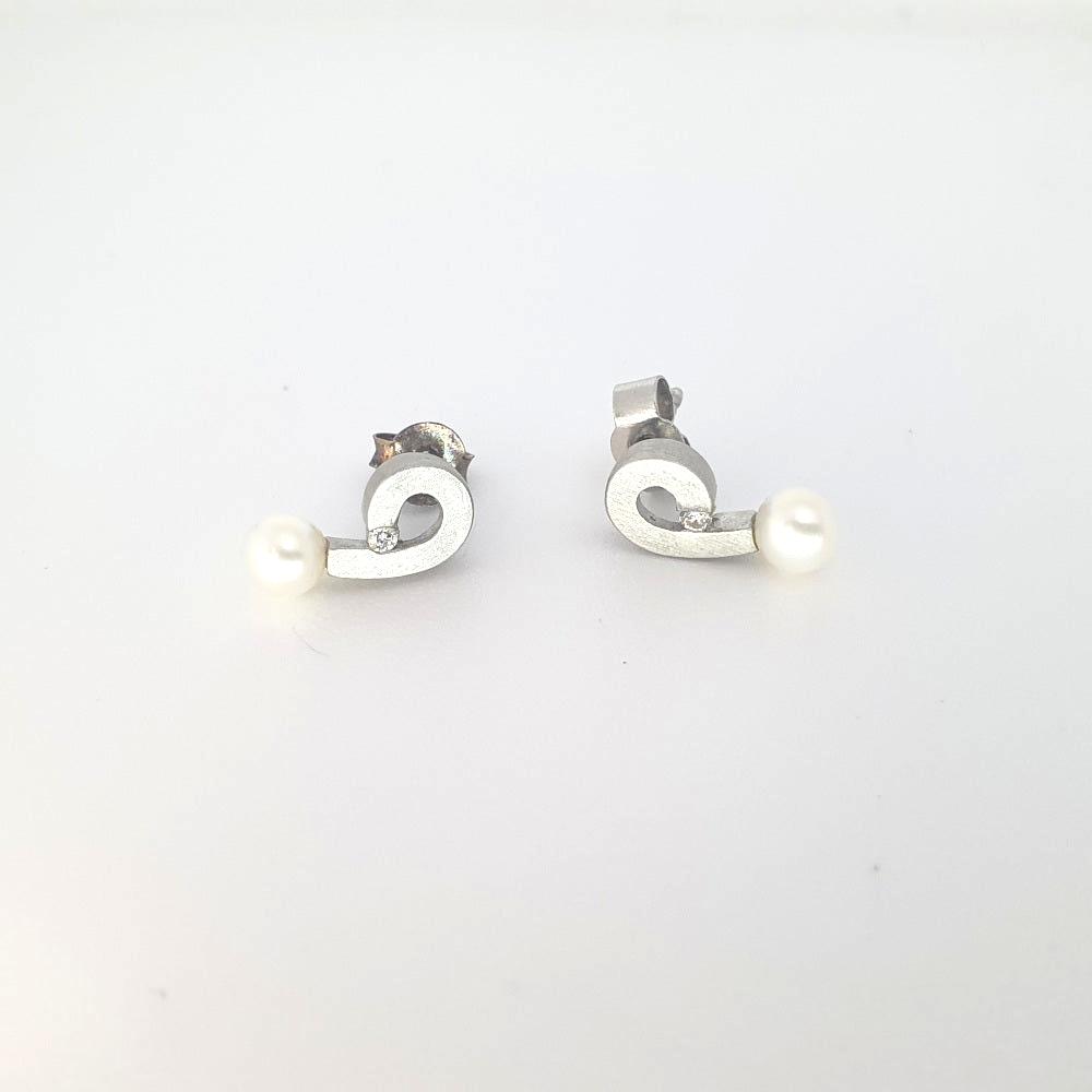 Platinum, Pearl and Diamond Stud Earrings