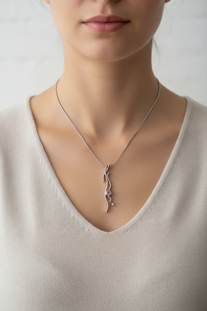 9ct White Gold Contemporary Pendant With Tourmaline And Diamond. Shirley Paris Scotland.
