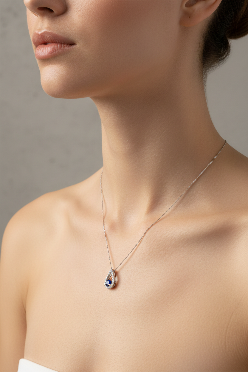9ct White Gold Pendant With Diamonds and Sapphire