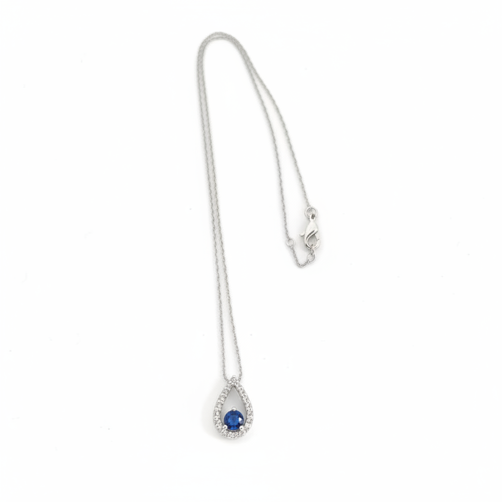 9ct White Gold Pendant With Diamonds and Sapphire