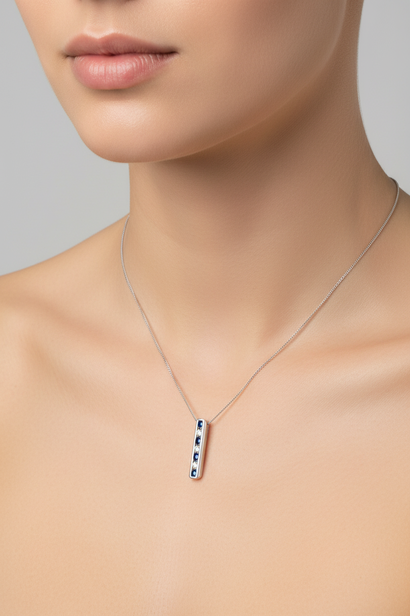 9ct White Gold Long Pendant With Diamonds and Sapphires