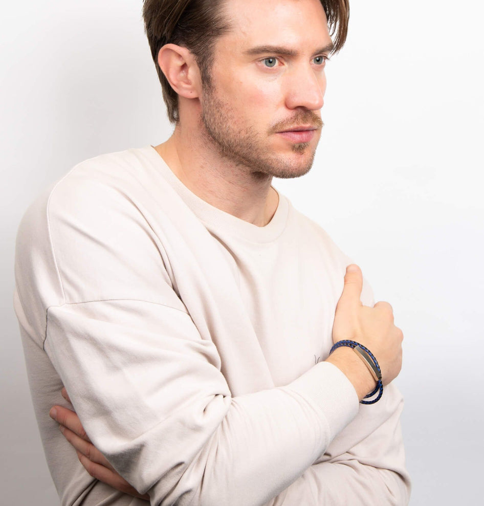 Fred Bennett Double Wrap Blue and Black Leather Bracelet.-