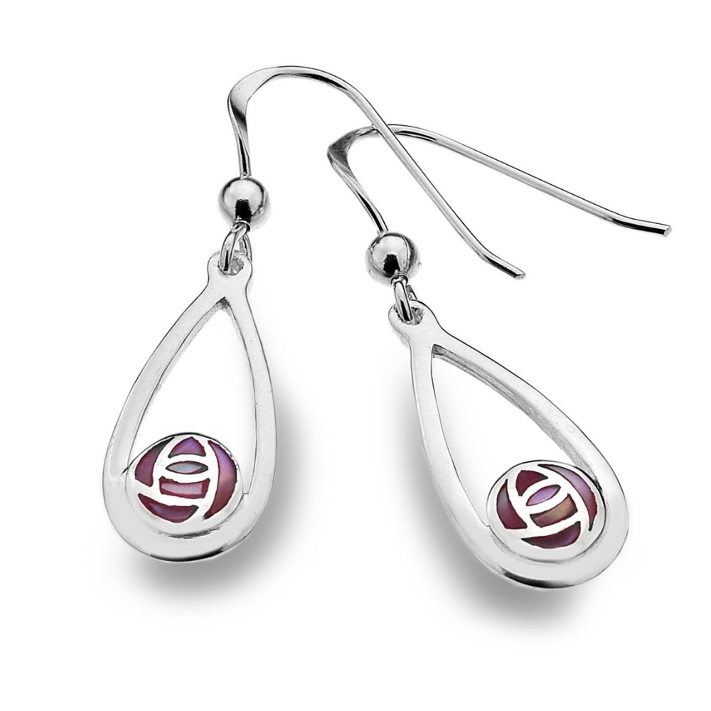 Sea Gems Sterling Silver and Enamel Macintosh Rose Drop Earrings  - 6087