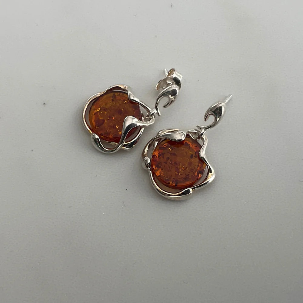 Reddish Brown Amber Silver Drop Earrings A4
