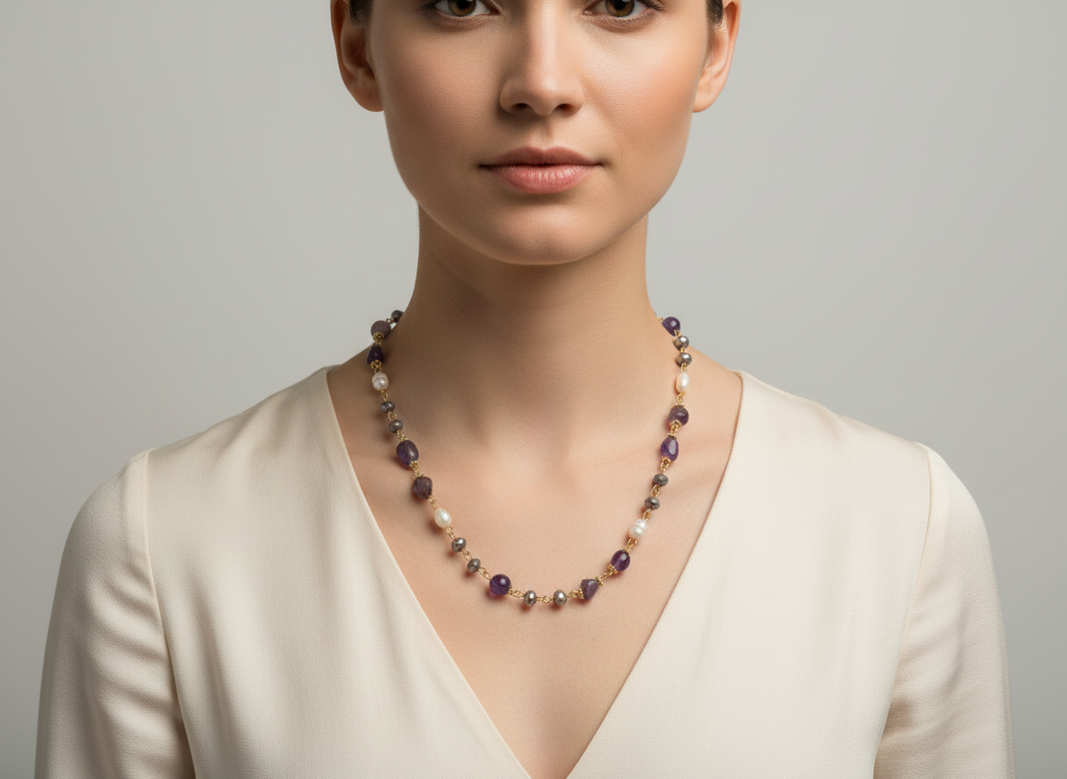 Fashion Jewellery Silver and Gold Coloured Necklace set with amethysts and freshwater pearls