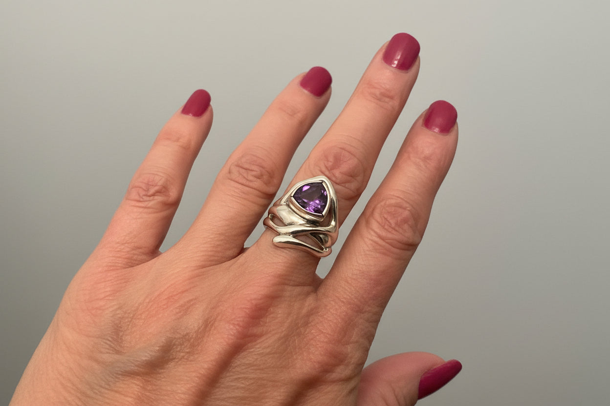 Sterling Silver And Magnificent Triangular Amethyst Ring-M886
