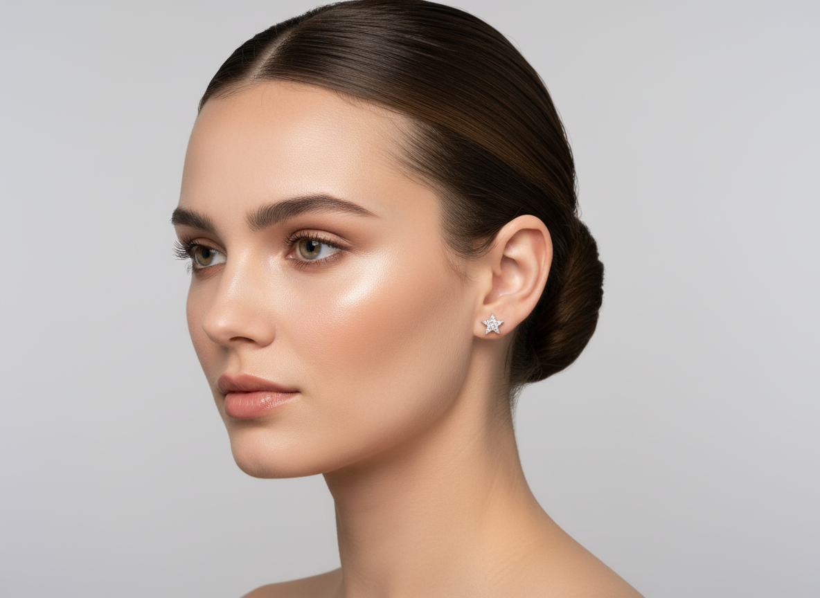 Sterling Silver Star Earrings, Set With Cubic Zirconia.Tokash