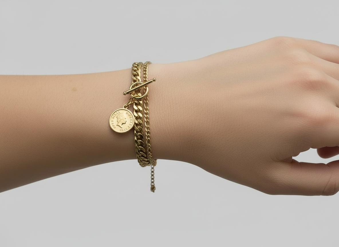 18 Carat Gold Plated Stainless Steel  double Bracelet -