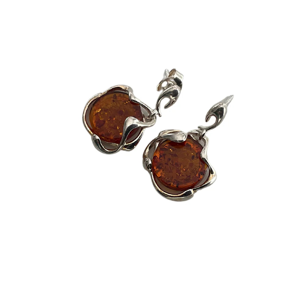 Reddish Brown Amber Silver Drop Earrings A4