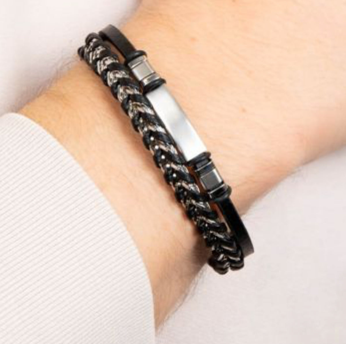 Fred Bennett Black Leather and Steel Bracelet -