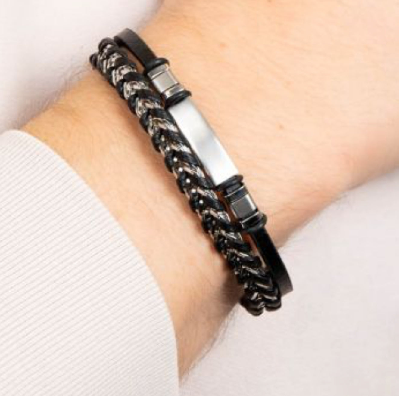 Fred Bennett Black Leather and Steel Bracelet -