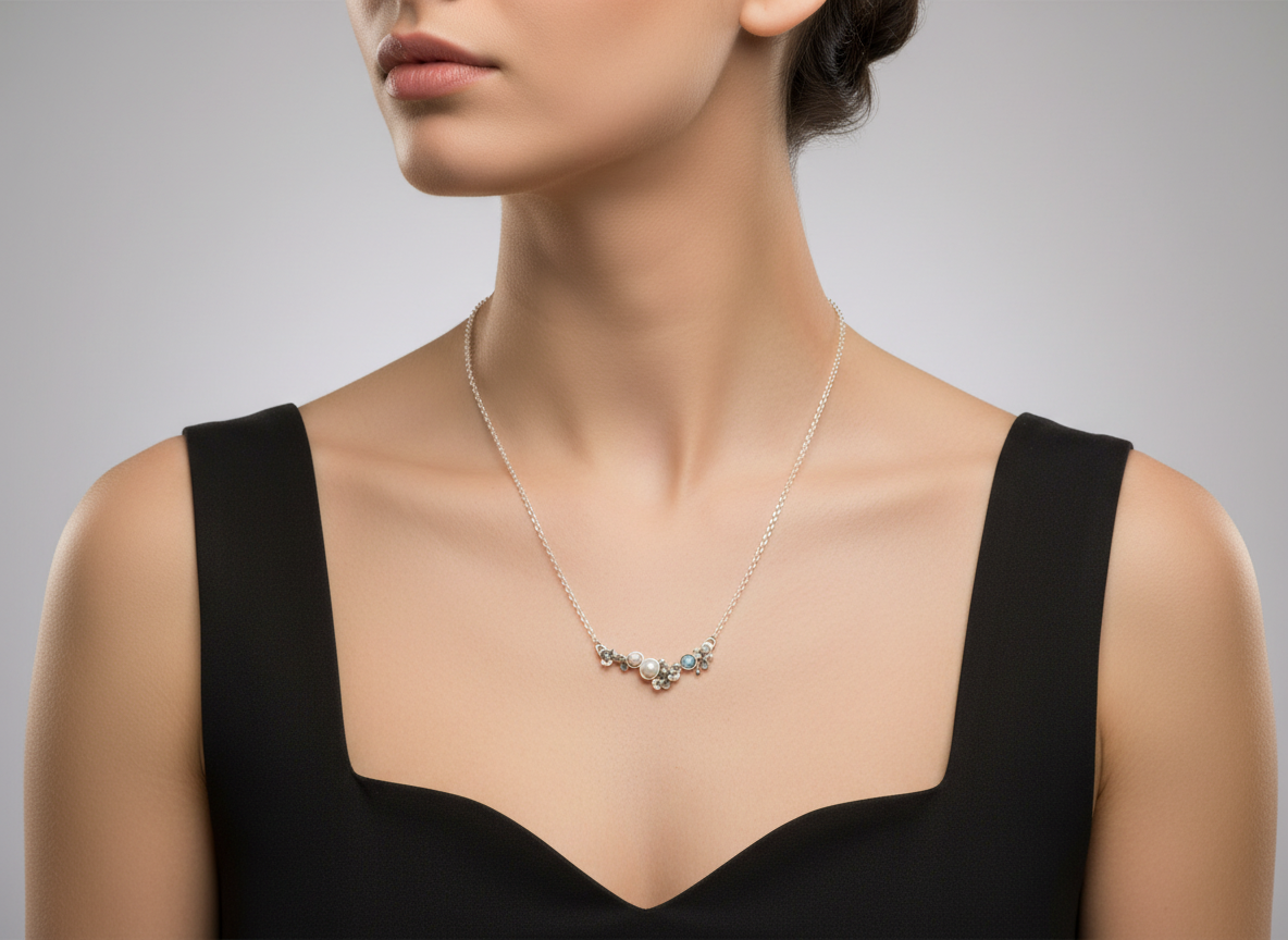 Small Silver Necklace set with pearls and opaline into little Flowers