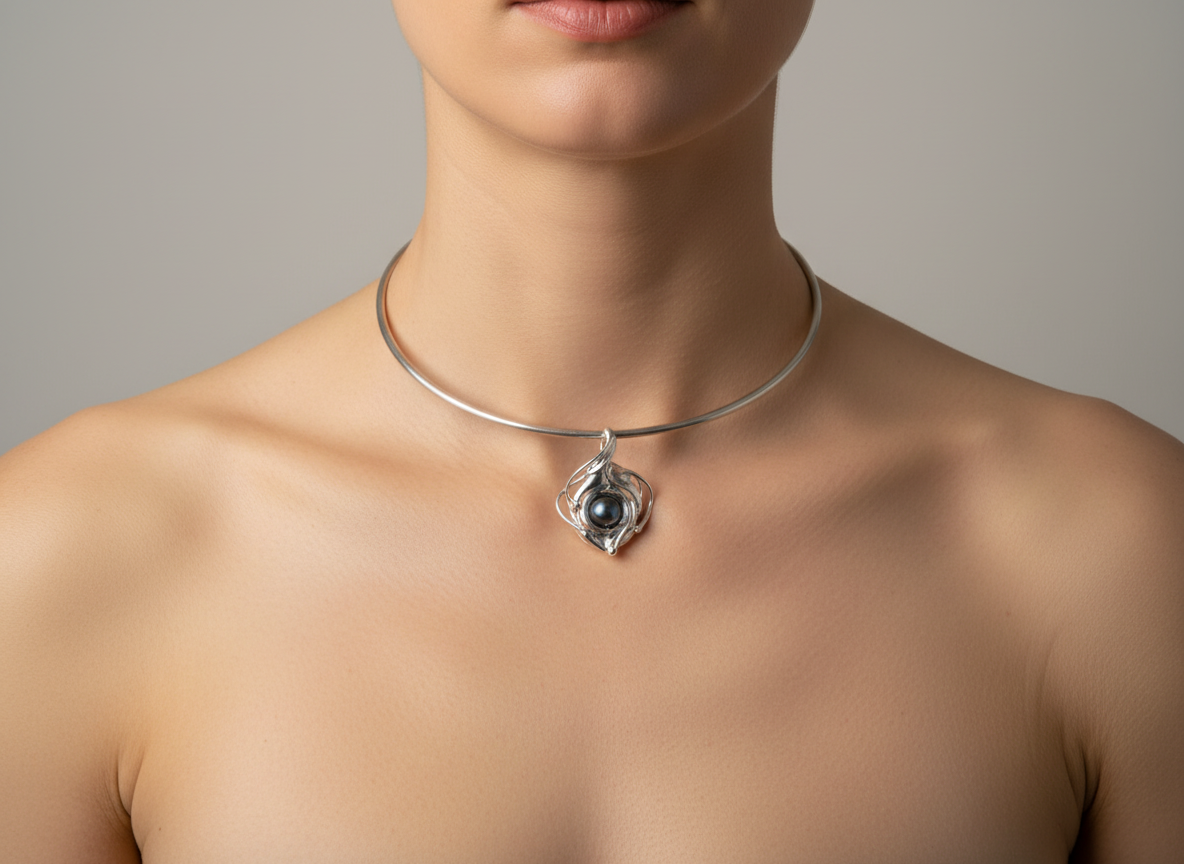 Silver Pearl Pendant on a Heavy Silver Wire- Hagit Gorali