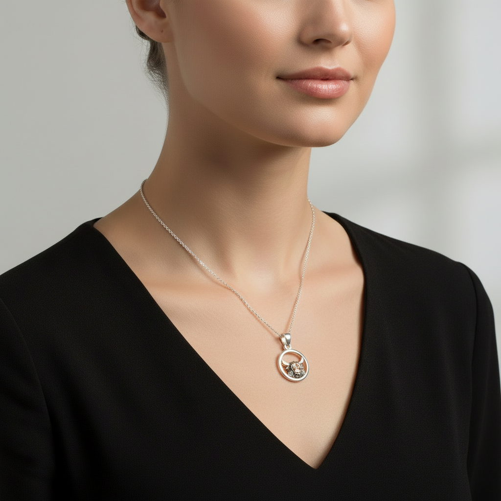 Sea Gems Sterling Silver and Enamel Cute Highland CowPendant  - 2603