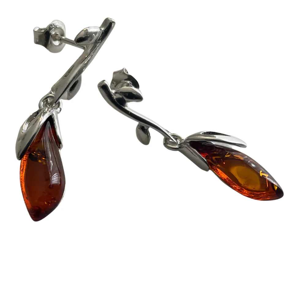 Amber & Silver Leaf Drop Earrings A8