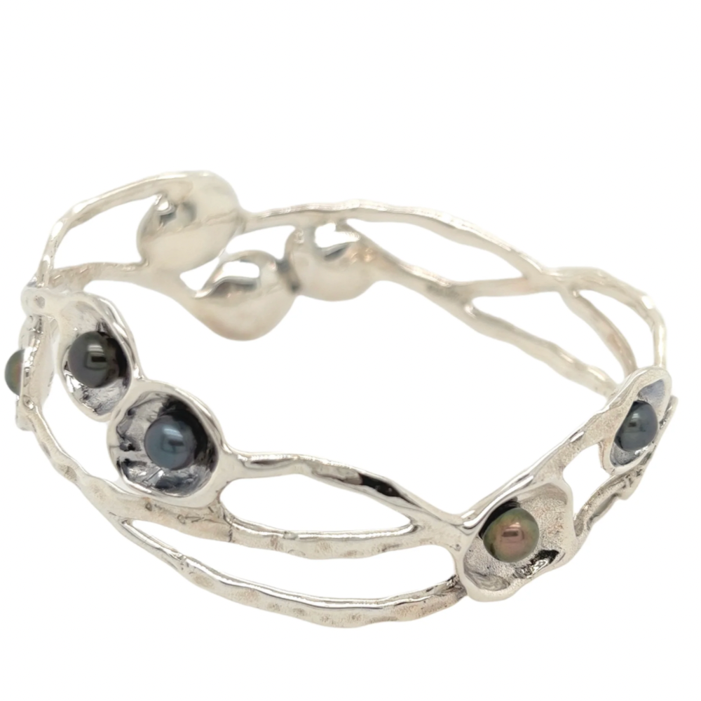 Designer Silver And Pearl Bangle L237 Hagit Gorali