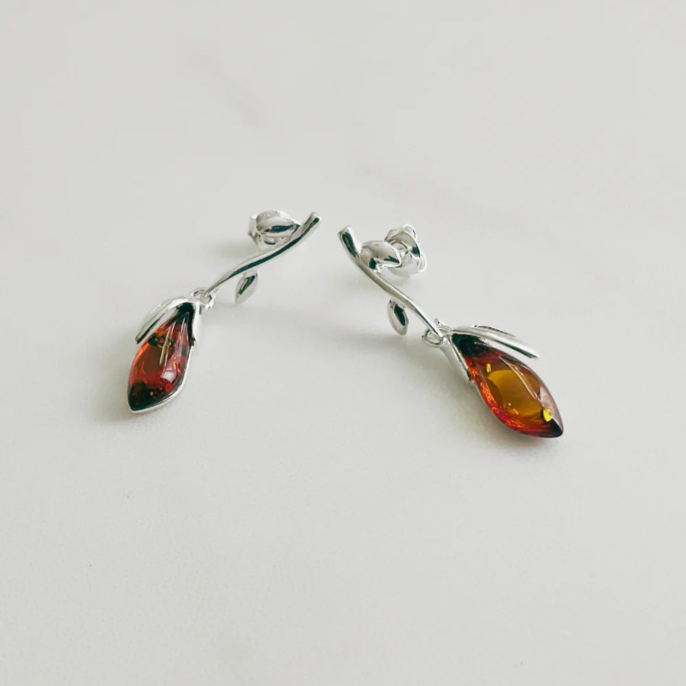 Amber &amp; Silver Leaf Drop Earrings A8
