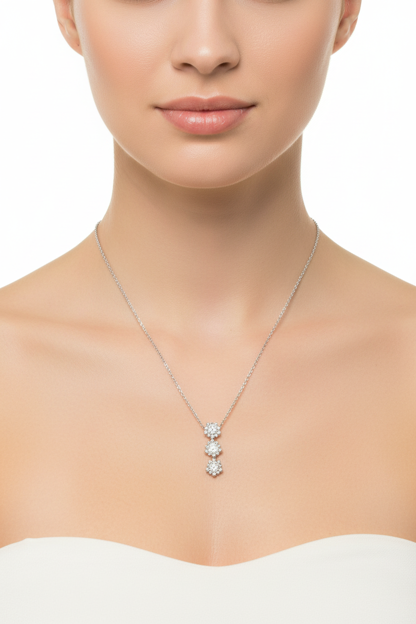 Cubic Zirconium Past Present Future, silver 3 Drop necklace. Tokash