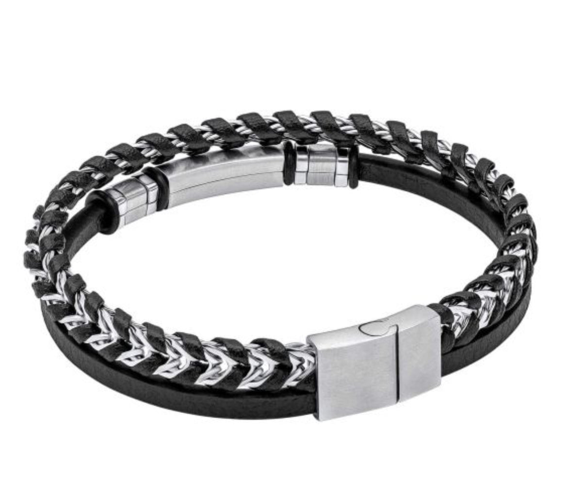 Fred Bennett Black Leather and Steel Bracelet -