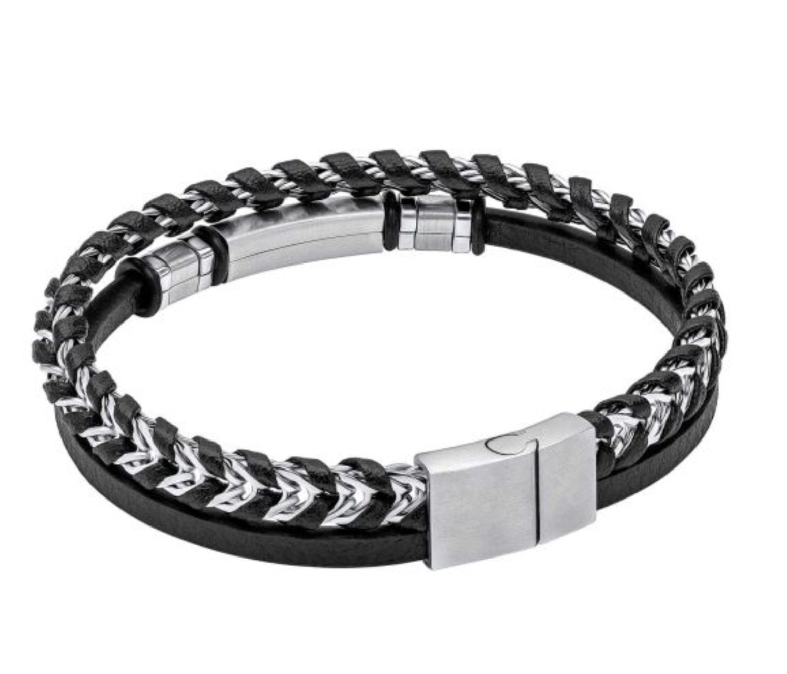 Fred Bennett Black Leather and Steel Bracelet -