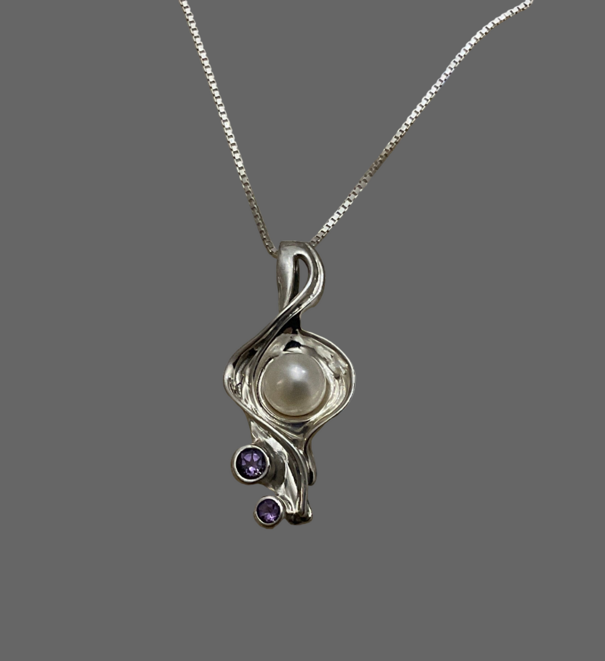 Sterling Silver &amp; Pearl Pendant  set with Amethysts. C122 Hagit Gorali
