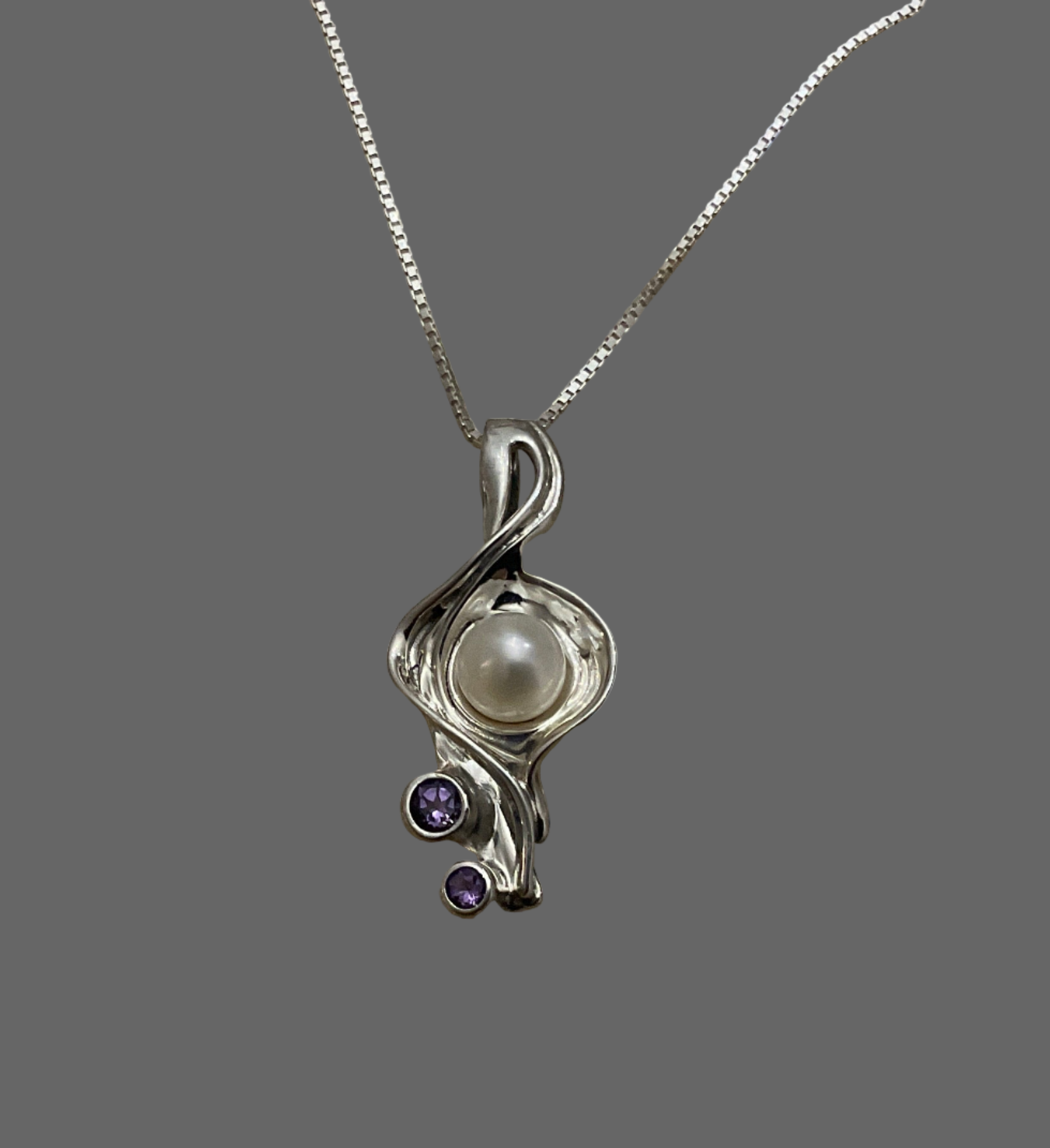 Sterling Silver & Pearl Pendant  set with Amethysts. C122 Hagit Gorali