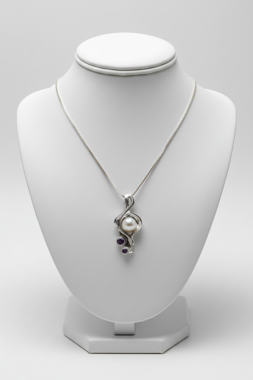 Sterling Silver &amp; Pearl Pendant  set with Amethysts. C122 Hagit Gorali