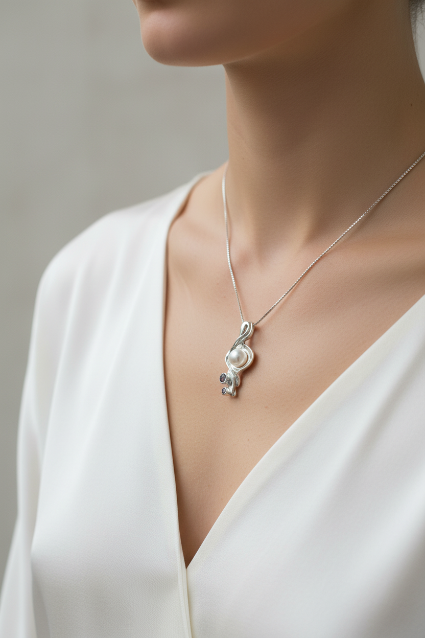 Sterling Silver & Pearl Pendant  set with Amethysts. C122 Hagit Gorali
