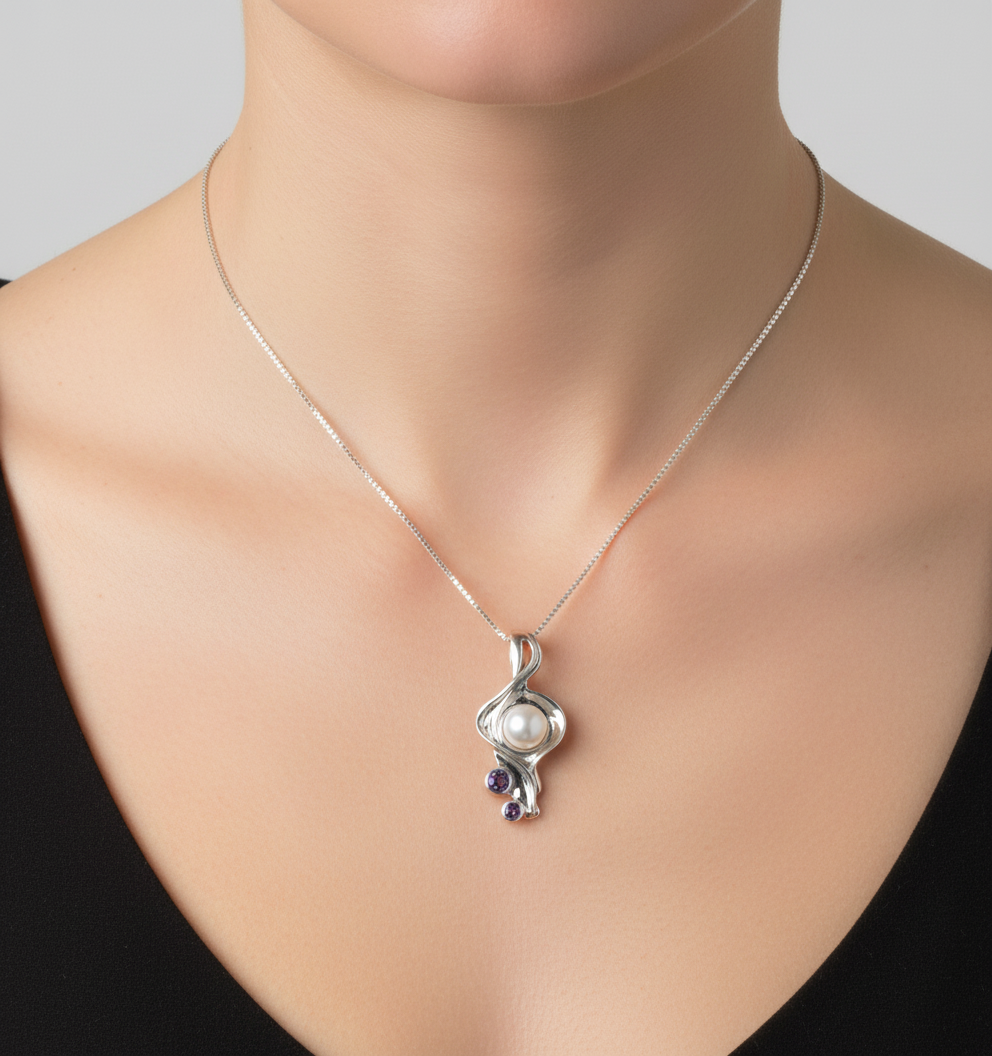 Sterling Silver & Pearl Pendant  set with Amethysts. C122 Hagit Gorali