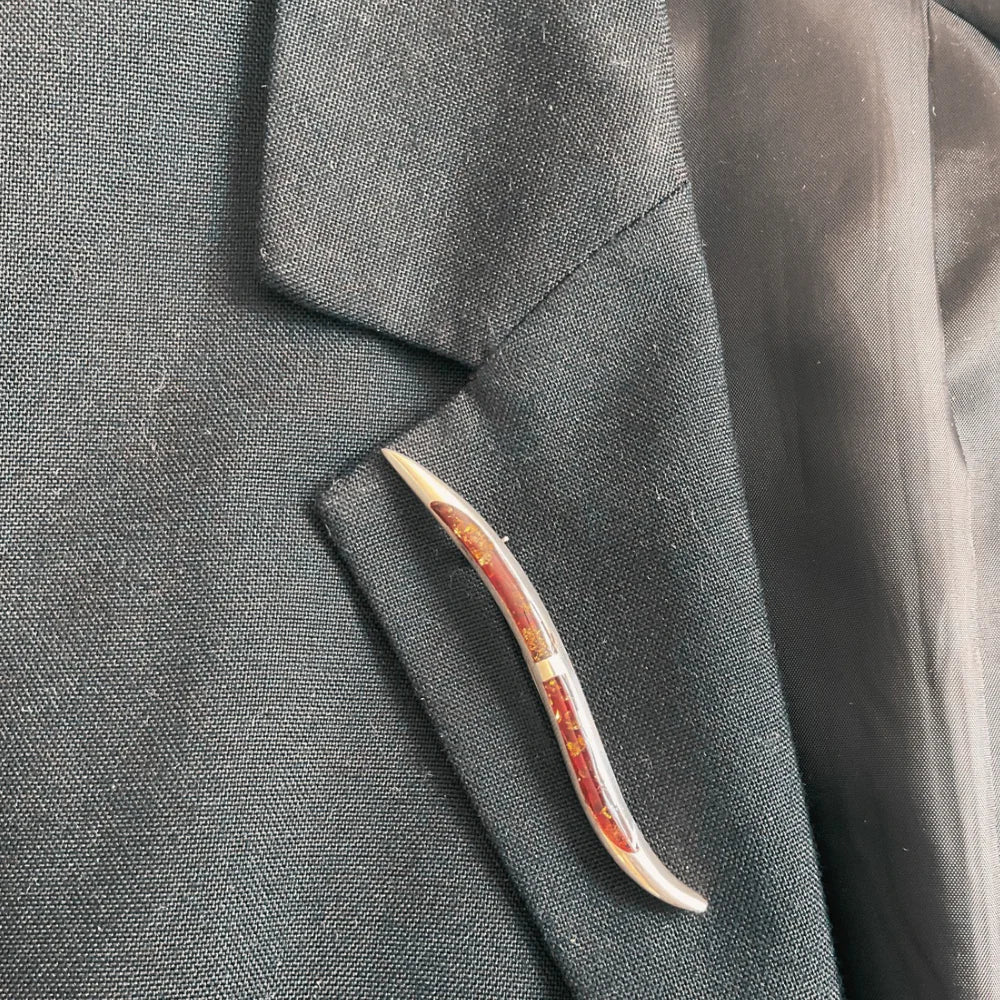 Designer Sterling Silver and Long Wavy Amber Brooch BR1
