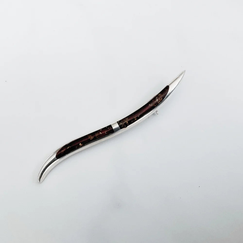 Designer Sterling Silver and Long Wavy Amber Brooch BR1