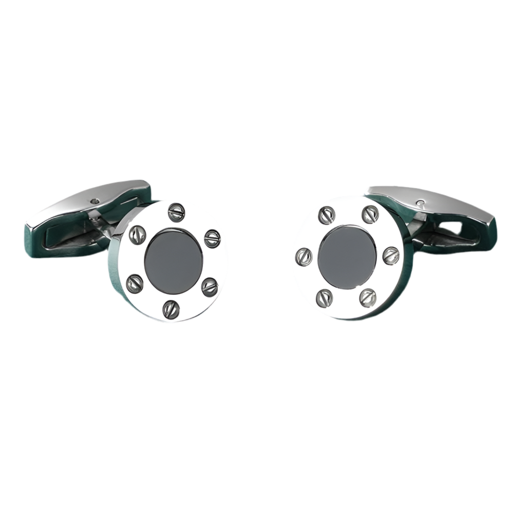 Round Stainless Steel Cufflinks With Screws and Black Stone - A00009
