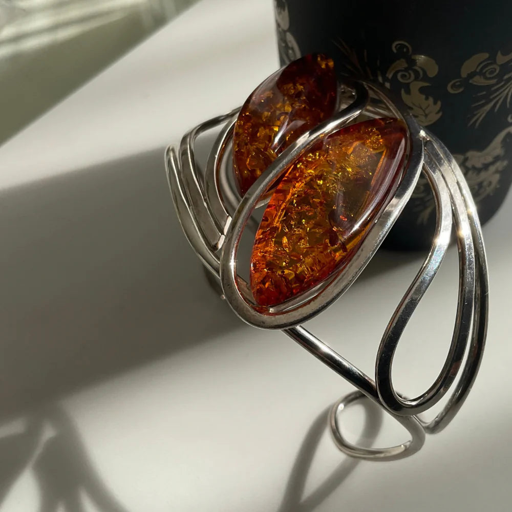Designer Sterling Silver Amber Stone Bangle BA1